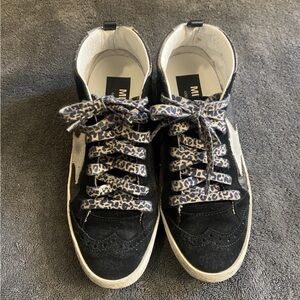 Gold Goose Mid Star Black Suede High-Top Sneakers with Leopard Laces